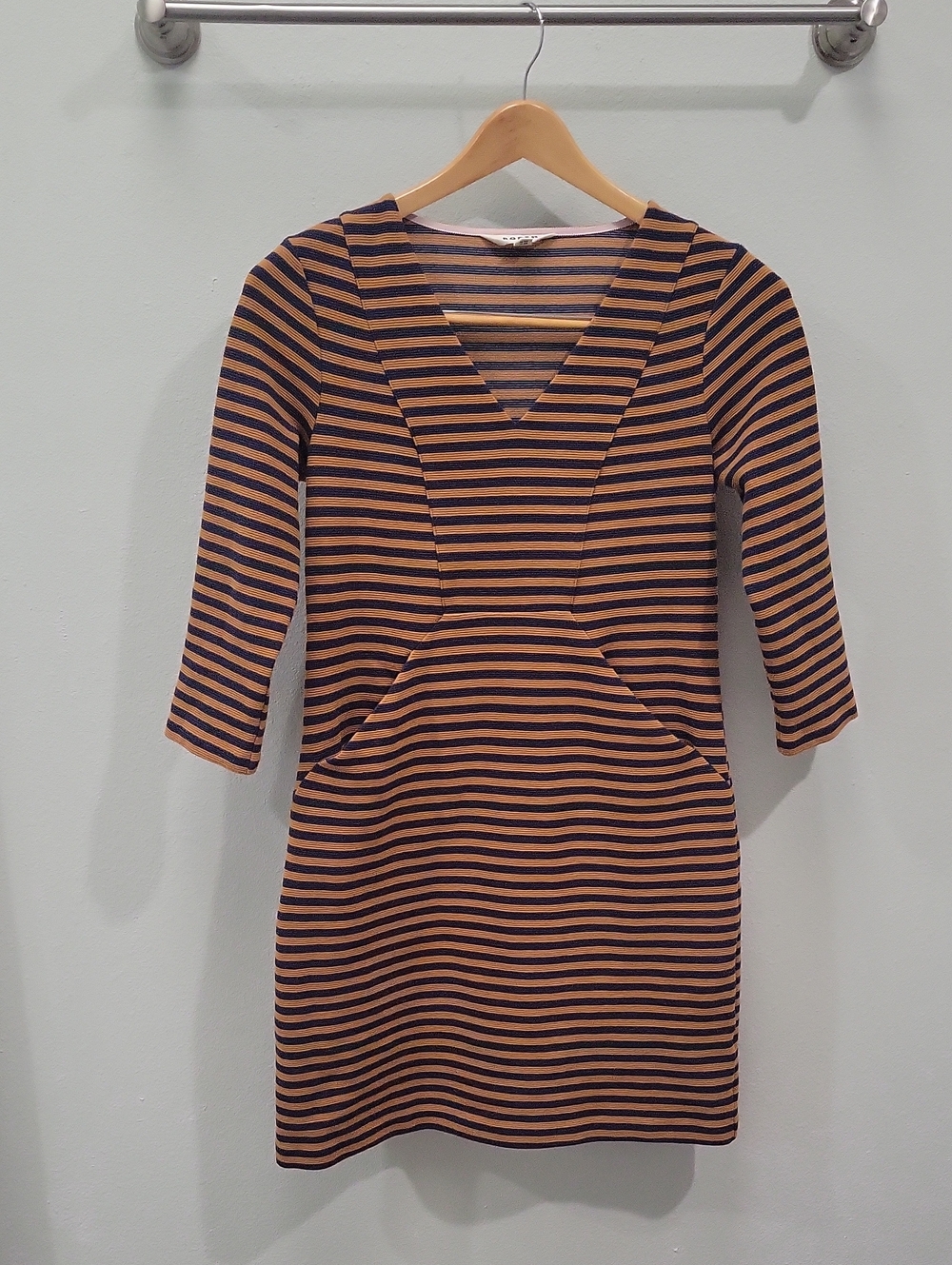 Boden Striped V-Neck Mini Dress in Brown and Black